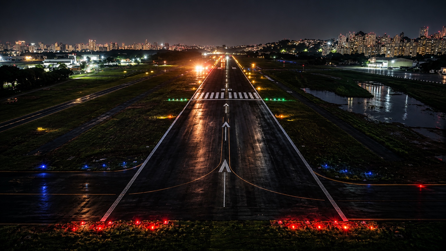 Pista do Aeroporto Campo de Marte iluminada à noite